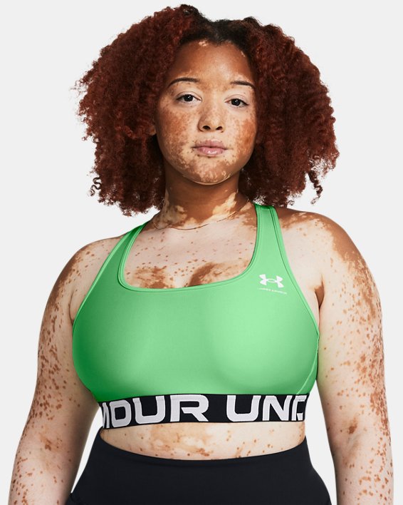 Women's HeatGear® Armour Mid Branded Sports Bra, Green, pdpMainDesktop image number 3